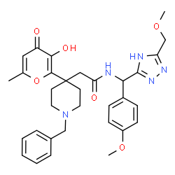 ChemSpider 2D Image | 2-[1-Benzyl-4-(3-hydroxy-6-methyl-4-oxo-4H-pyran-2-yl)-4-piperidinyl]-N-{[5-(methoxymethyl)-4H-1,2,4-triazol-3-yl](4-methoxyphenyl)methyl}acetamide | C32H37N5O6