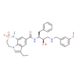 ChemSpider 2D Image | N-{(1S,2R)-1-benzyl-2-hydroxy-3-[(3-methoxybenzyl)amino]propyl}-7-ethyl-1-methyl-3,4-dihydro-1H-[1,2,5]thiadiazepino[3,4,5-hi]indole-9-carboxamide 2,2-dioxide | C32H38N4O5S