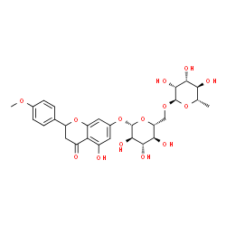 ChemSpider 2D Image | 5-Hydroxy-2-(4-methoxyphenyl)-4-oxo-3,4-dihydro-2H-chromen-7-yl 6-O-(6-deoxy-alpha-L-mannopyranosyl)-beta-D-glucopyranoside | C28H34O14