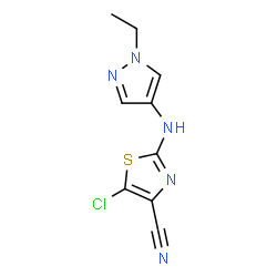 ChemSpider 2D Image | 5-Chloro-2-[(1-ethyl-1H-pyrazol-4-yl)amino]-1,3-thiazole-4-carbonitrile | C9H8ClN5S