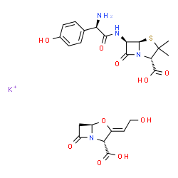 ChemSpider 2D Image | potassium; (2S,5R,6R)-6-[[(2R)-2-amino-2-(4-hydroxyphenyl)acetyl]amino]-3,3-dimethyl-7-oxo-4-thia-1-azabicyclo[3.2.0]heptane-2-carboxylic acid; (2R,3Z,5R)-3-(2-hydroxyethylidene)-7-oxo-4-oxa-1-azabicyclo[3.2.0]heptane-2-carboxylic acid | C24H28KN4O10S