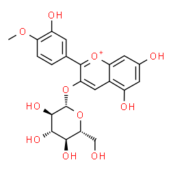 ChemSpider 2D Image | 5,7-Dihydroxy-2-(3-hydroxy-4-methoxyphenyl)-3-chromeniumyl beta-D-glucopyranoside | C22H23O11