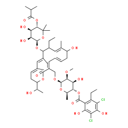 ChemSpider 2D Image | (2R,3S,4S,5S,6R)-6-{[(3E,5E,9E,13E,15E)-12-{[(2R,3S,4R,5S)-3,4-Dihydroxy-5-(isobutyryloxy)-6,6-dimethyltetrahydro-2H-pyran-2-yl]oxy}-11-ethyl-8-hydroxy-18-(1-hydroxyethyl)-9,13,15-trimethyl-2-oxooxacy
clooctadeca-3,5,9,13,15-pentaen-3-yl]methoxy}-4-hydroxy-5-methoxy-2-methyltetrahydro-2H-pyran-3-yl 3,5-dichloro-2-ethyl-4,6-dihydroxybenzoate | C52H74Cl2O18
