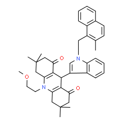 ChemSpider 2D Image | 10-(2-Methoxyethyl)-3,3,6,6-tetramethyl-9-{1-[(2-methyl-1-naphthyl)methyl]-1H-indol-3-yl}-3,4,6,7,9,10-hexahydro-1,8(2H,5H)-acridinedione | C40H44N2O3