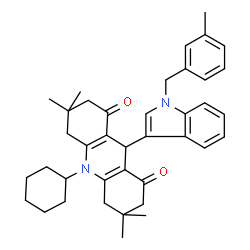 ChemSpider 2D Image | 10-Cyclohexyl-3,3,6,6-tetramethyl-9-[1-(3-methylbenzyl)-1H-indol-3-yl]-3,4,6,7,9,10-hexahydro-1,8(2H,5H)-acridinedione | C39H46N2O2