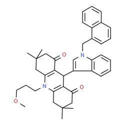 ChemSpider 2D Image | 10-(3-Methoxypropyl)-3,3,6,6-tetramethyl-9-[1-(1-naphthylmethyl)-1H-indol-3-yl]-3,4,6,7,9,10-hexahydro-1,8(2H,5H)-acridinedione | C40H44N2O3