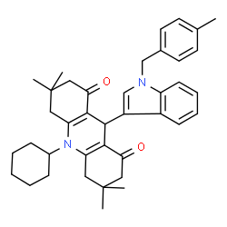 ChemSpider 2D Image | 10-Cyclohexyl-3,3,6,6-tetramethyl-9-[1-(4-methylbenzyl)-1H-indol-3-yl]-3,4,6,7,9,10-hexahydro-1,8(2H,5H)-acridinedione | C39H46N2O2