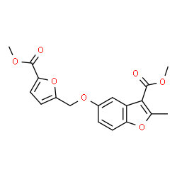ChemSpider 2D Image | Methyl 5-{[5-(methoxycarbonyl)-2-furyl]methoxy}-2-methyl-1-benzofuran-3-carboxylate | C18H16O7