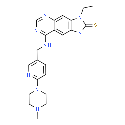 ChemSpider 2D Image | 3-Ethyl-8-({[6-(4-methyl-1-piperazinyl)-3-pyridinyl]methyl}amino)-1,3-dihydro-2H-imidazo[4,5-g]quinazoline-2-thione | C22H26N8S