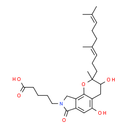 ChemSpider 2D Image | 5-{2-[(3E)-4,8-Dimethyl-3,7-nonadien-1-yl]-3,5-dihydroxy-2-methyl-7-oxo-3,4,7,9-tetrahydropyrano[2,3-e]isoindol-8(2H)-yl}pentanoic acid | C28H39NO6