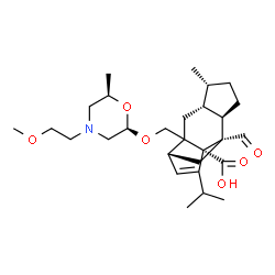 ChemSpider 2D Image | (1R,4R,5R,8R,9S,11R)-9-Formyl-13-isopropyl-2-({[(2R,6R)-4-(2-methoxyethyl)-6-methyl-2-morpholinyl]oxy}methyl)-5-methyltetracyclo[7.4.0.0~2,11~.0~4,8~]tridec-12-ene-1-carboxylic acid | C28H43NO6