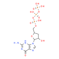 ChemSpider 2D Image | 2-Amino-9-[3-deoxy-5-O-(hydroxy{[hydroxy(phosphonooxy)phosphoryl]oxy}phosphoryl)pentofuranosyl]-3,9-dihydro-6H-purin-6-one | C10H16N5O13P3