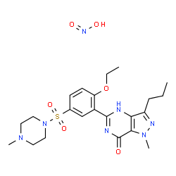 ChemSpider 2D Image | 5-{2-Ethoxy-5-[(4-methyl-1-piperazinyl)sulfonyl]phenyl}-1-methyl-3-propyl-1,4-dihydro-7H-pyrazolo[4,3-d]pyrimidin-7-one ntrite (1:1) | C22H31N7O6S