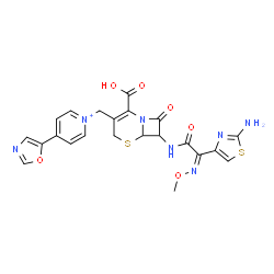 ChemSpider 2D Image | 1-[(7-{[(2Z)-2-(2-Amino-1,3-thiazol-4-yl)-2-(methoxyimino)acetyl]amino}-2-carboxy-8-oxo-5-thia-1-azabicyclo[4.2.0]oct-2-en-3-yl)methyl]-4-(1,3-oxazol-5-yl)pyridinium | C22H20N7O6S2