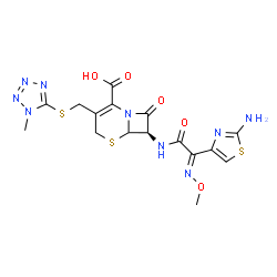 ChemSpider 2D Image | (7R)-7-{[(2E)-2-(2-Amino-1,3-thiazol-4-yl)-2-(methoxyimino)acetyl]amino}-3-{[(1-methyl-1H-tetrazol-5-yl)sulfanyl]methyl}-8-oxo-5-thia-1-azabicyclo[4.2.0]oct-2-ene-2-carboxylic acid | C16H17N9O5S3