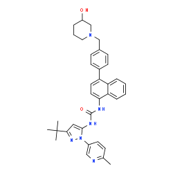 ChemSpider 2D Image | 1-(4-{4-[(3-Hydroxy-1-piperidinyl)methyl]phenyl}-1-naphthyl)-3-[3-(2-methyl-2-propanyl)-1-(6-methyl-3-pyridinyl)-1H-pyrazol-5-yl]urea | C36H40N6O2