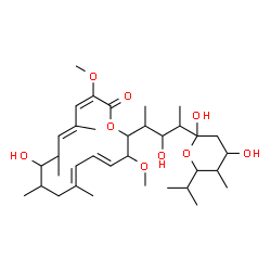 ChemSpider 2D Image | 2,4-Dideoxy-1-C-{3-hydroxy-4-[(4E,6E,12E,14E)-10-hydroxy-3,15-dimethoxy-7,9,11,13-tetramethyl-16-oxooxacyclohexadeca-4,6,12,14-tetraen-2-yl]-2-pentanyl}-5-isopropyl-4-methylpentopyranose | C35H58O9