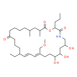ChemSpider 2D Image | (12Z,14E)-16-Ethyl-6,8,9-trihydroxy-12-(methoxymethyl)-25,27-dimethyl-2-propyl-1-oxa-4-azacyclooctacosa-12,14-diene-3,20,28-trione | C35H61NO8