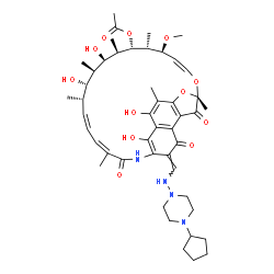 ChemSpider 2D Image | (7S,11S,12R,13S,14R,15R,16R,17S,18S,19Z,21Z,26E)-26-{[(4-Cyclopentyl-1-piperazinyl)amino]methylene}-2,15,17,29-tetrahydroxy-11-methoxy-3,7,12,14,16,18,22-heptamethyl-6,23,27-trioxo-8,30-dioxa-24-azate
tracyclo[23.3.1.1~4,7~.0~5,28~]triaconta-1(28),2,4,9,19,21,25(29)-heptaen-13-yl acetate | C47H64N4O12