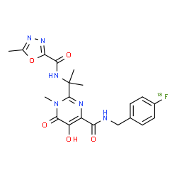 ChemSpider 2D Image | N-[4-(~18~F)Fluorobenzyl]-5-hydroxy-1-methyl-2-(2-{[(5-methyl-1,3,4-oxadiazol-2-yl)carbonyl]amino}-2-propanyl)-6-oxo-1,6-dihydro-4-pyrimidinecarboxamide | C20H2118FN6O5