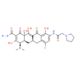 ChemSpider 2D Image | (4R,4aS,5aR,12aS)-4-(Dimethylamino)-7-fluoro-3,10,12,12a-tetrahydroxy-1,11-dioxo-9-[(1-pyrrolidinylacetyl)amino]-1,4,4a,5,5a,6,11,12a-octahydro-2-tetracenecarboxamide | C27H31FN4O8
