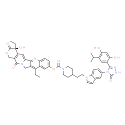 ChemSpider 2D Image | (4S)-4,11-Diethyl-4-hydroxy-3,14-dioxo-3,4,12,14-tetrahydro-1H-pyrano[3',4':6,7]indolizino[1,2-b]quinolin-9-yl 4-(2-{5-[3-(2,4-dihydroxy-5-isopropylphenyl)-5-oxo-1,5-dihydro-4H-1,2,4-triazol-4-yl]-1H-
indol-1-yl}ethyl)-1-piperidinecarboxylate | C49H49N7O9