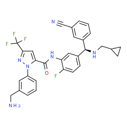 ChemSpider 2D Image | 1-[3-(Aminomethyl)phenyl]-N-(5-{(R)-(3-cyanophenyl)[(cyclopropylmethyl)amino]methyl}-2-fluorophenyl)-3-(trifluoromethyl)-1H-pyrazole-5-carboxamide | C30H26F4N6O
