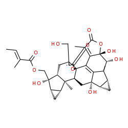 ChemSpider 2D Image | [(1aR,2R,2aS,5cR,9aR,10S,10aS,11aR,11bS,11cS,12aS,12bS)-2,2a,10,12a-Tetrahydroxy-8-(hydroxymethyl)-1b,5,11b-trimethyl-4,7-dioxo-1,1a,1b,2,2a,4,7,9,9a,10,10a,11,11a,11b,11c,12,12a,12b-octadecahydrocycl
opropa[4,5]cyclopropa[4',5']cyclopenta[1',2':7,8]furo[3',2':10,10a]acephenanthryleno[2,1-b]furan-10-yl]methyl (2E)-2-methyl-2-butenoate | C35H40O11
