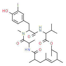 ChemSpider 2D Image | (14E)-6-(4-Hydroxy-3-iodobenzyl)-3-isopropyl-7,9,12,14,16,18-hexamethyl-1-oxa-4,7,10-triazacyclooctadec-14-ene-2,5,8,11-tetrone | C30H44IN3O6