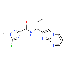ChemSpider 2D Image | 5-Chloro-N-[1-(imidazo[1,2-a]pyrimidin-2-yl)propyl]-1-methyl-1H-1,2,4-triazole-3-carboxamide | C13H14ClN7O