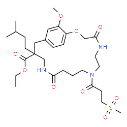 ChemSpider 2D Image | Ethyl 19-methoxy-15-(3-methylbutyl)-8-[3-(methylsulfonyl)propanoyl]-4,12-dioxo-2-oxa-5,8,13-triazabicyclo[15.2.2]henicosa-1(19),17,20-triene-15-carboxylate | C30H47N3O9S