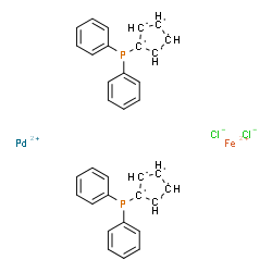 ChemSpider 2D Image | 1,2,3,4,5-Cyclopentanepentayl, 1-(diphenylphosphino)-, chloride, iron(2+) palladium(2+) salt (2:1:1) | C34H28Cl2FeP2Pd