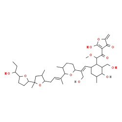 ChemSpider 2D Image | 5-Hydroxy-4-[{3-hydroxy-6-[(1E)-3-hydroxy-2-(6-{(2E)-4-[5'-(1-hydroxypropyl)-2,4-dimethyloctahydro-2,2'-bifuran-5-yl]-2-buten-2-yl}-5-methyltetrahydro-2H-pyran-2-yl)-1-propen-1-yl]-2-(hydroxymethyl)-4
-methylcyclohexyl}(methoxy)acetyl]-2-methylene-3(2H)-furanone | C42H64O12