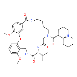 ChemSpider 2D Image | (12R)-12-Isopropyl-7,26-dimethoxy-16-[(1R,9aR)-octahydro-2H-quinolizin-1-ylcarbonyl]-2-oxa-10,13,16,21-tetraazatricyclo[21.3.1.0~3,8~]heptacosa-1(27),3,5,7,23,25-hexaene-11,14,22-trione | C37H51N5O7