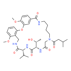 ChemSpider 2D Image | (12R,15S)-15-[(1R)-1-Hydroxyethyl]-12-isopropyl-7,29-dimethoxy-19-(3-methylbutanoyl)-2-oxa-10,13,16,19,24-pentaazatricyclo[24.3.1.0~3,8~]triaconta-1(30),3,5,7,26,28-hexaene-11,14,17,25-tetrone | C36H51N5O9