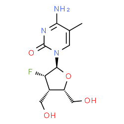 ChemSpider 2D Image | 4-Amino-1-[2,3-dideoxy-2-fluoro-3-(hydroxymethyl)-alpha-D-lyxofuranosyl]-5-methyl-2(1H)-pyrimidinone | C11H16FN3O4