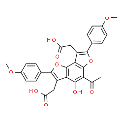 ChemSpider 2D Image | 2,2'-[5-Acetyl-4-hydroxy-2,7-bis(4-methoxyphenyl)furo[2,3-e][1]benzofuran-3,8-diyl]diacetic acid | C30H24O10