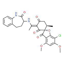 ChemSpider 2D Image | (2R,3'E,6'R)-7-Chloro-4,6-dimethoxy-6'-methyl-3'-{1-[(2-oxo-2,3,4,5-tetrahydro-1H-1-benzazepin-3-yl)amino]ethylidene}-2'H,3H,4'H-spiro[1-benzofuran-2,1'-cyclohexane]-2',3,4'-trione | C28H27ClN2O7