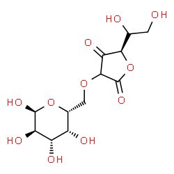 ChemSpider 2D Image | (5R)-5-[(1S)-1,2-Dihydroxyethyl]-3-{[(2R,3R,4S,5R,6S)-3,4,5,6-tetrahydroxytetrahydro-2H-pyran-2-yl]methoxy}-2,4(3H,5H)-furandione | C12H18O11