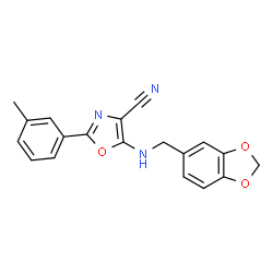 ChemSpider 2D Image | 5-[(1,3-Benzodioxol-5-ylmethyl)amino]-2-(3-methylphenyl)-1,3-oxazole-4-carbonitrile | C19H15N3O3