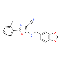ChemSpider 2D Image | 5-[(1,3-Benzodioxol-5-ylmethyl)amino]-2-(2-methylphenyl)-1,3-oxazole-4-carbonitrile | C19H15N3O3