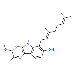 ChemSpider 2D Image | 1-[(2E)-3,7-Dimethyl-2,6-octadien-1-yl]-7-methoxy-6-methyl-9H-carbazol-2-ol | C24H29NO2