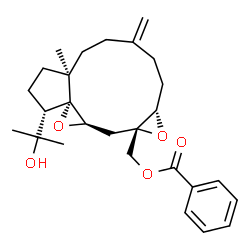 ChemSpider 2D Image | [(1S,3aS,8aS,9aS,10aR,11aR)-1-(2-Hydroxy-2-propanyl)-3a-methyl-6-methylenedodecahydro-9aH-cyclopenta[1,11]oxireno[4,5]cycloundeca[1,2-b]oxiren-9a-yl]methyl benzoate | C27H36O5