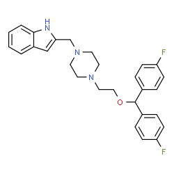 ChemSpider 2D Image | 2-[(4-{2-[Bis(4-fluorophenyl)methoxy]ethyl}-1-piperazinyl)methyl]-1H-indole | C28H29F2N3O