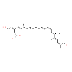 ChemSpider 2D Image | (2Z,4E,6R,8Z,10E,14E,17S,18E,20E)-20-(Carboxymethyl)-6-methoxy-2,5,17-trimethyl-2,4,8,10,14,18,20-docosaheptaenedioic acid | C28H38O7