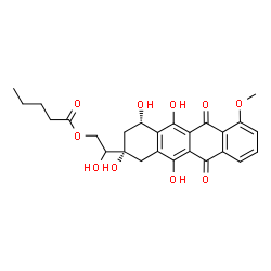 ChemSpider 2D Image | 2-Hydroxy-2-[(2S,4S)-2,4,5,12-tetrahydroxy-7-methoxy-6,11-dioxo-1,2,3,4,6,11-hexahydro-2-tetracenyl]ethyl valerate | C26H28O10