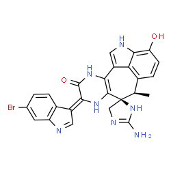 ChemSpider 2D Image | (4S,6'R,9'Z)-2-Amino-9'-(6-bromo-3H-indol-3-ylidene)-3'-hydroxy-6'-methyl-2',3,5,6',8',11'-hexahydrospiro[imidazole-4,7'-pyrazino[2',3':6,7]cyclohepta[1,2,3-cd]indol]-10'(9'H)-one | C25H20BrN7O2