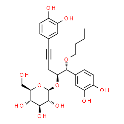 ChemSpider 2D Image | (1R,2S)-1-Butoxy-1,5-bis(3,4-dihydroxyphenyl)-4-pentyn-2-yl beta-D-glucopyranoside | C27H34O11