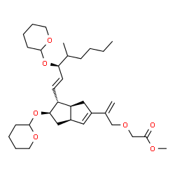 ChemSpider 2D Image | Methyl ({2-[(3aS,5R,6R,6aS)-6-[(1E,3S)-4-methyl-3-(tetrahydro-2H-pyran-2-yloxy)-1-octen-1-yl]-5-(tetrahydro-2H-pyran-2-yloxy)-1,3a,4,5,6,6a-hexahydro-2-pentalenyl]-2-propen-1-yl}oxy)acetate | C33H52O7