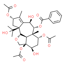 ChemSpider 2D Image | (2aR,3R,5R,5aS,6R,7R,9S,10aS,10bS,10cR)-2a,5,9-Triacetoxy-3,7-dihydroxy-10a-(2-hydroxy-2-propanyl)-5a,8-dimethyl-2a,3,4,5,5a,6,7,9,10,10a,10b,10c-dodecahydro-2H-1-oxabenzo[cd]cyclopenta[h]azulen-6-yl 
benzoate | C33H42O12